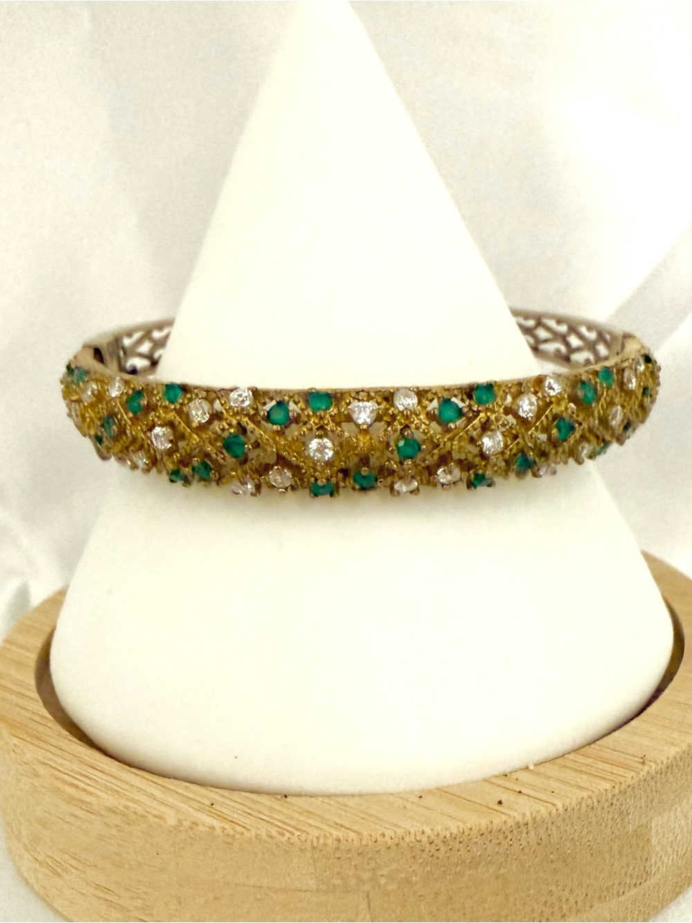 ZeyZey 925 Sterling Silver Gold Plated Green & CZ Hinged Bangle Bracelet